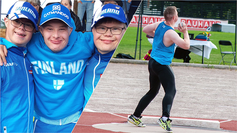 Kuvakollaasi: Kolme Special Olympics -urheilijaa yhteiskuvassa. Eliel Nikkola työntämässä kuulaa.